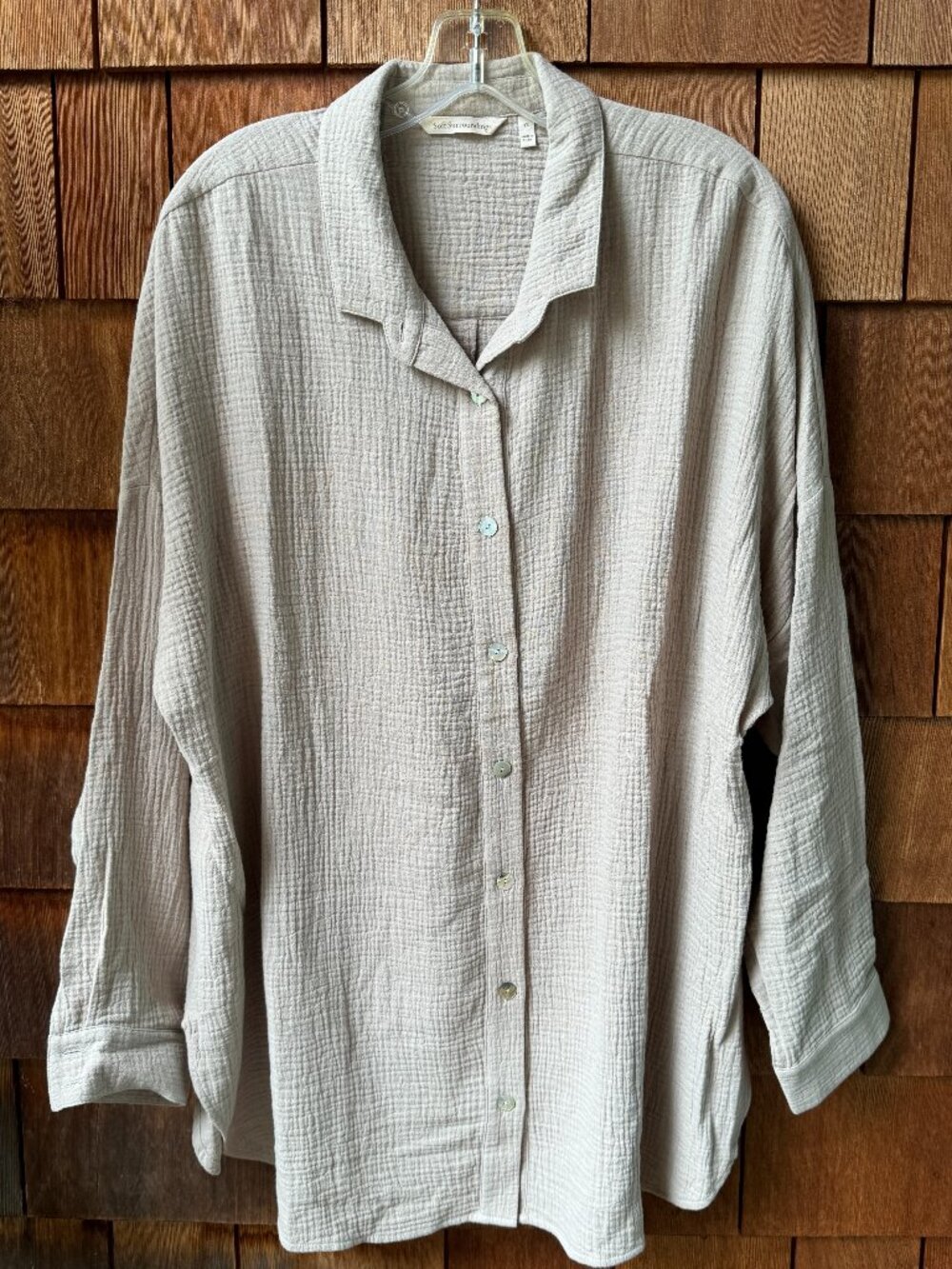 NWOT Soft Surroundings Tan Peregrine Gauze Button Front Long Sleeve Shirt in 1X